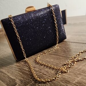 Elegant Navy Blue Glitter Clutch with Gold Chain